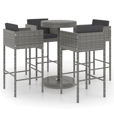 vidaXL 5-tlg. Gartenbar-Set mit Kissen Poly Rattan Grau