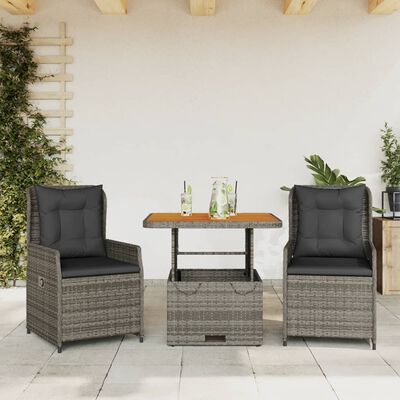 vidaXL 3-tlg. Bistro-Set mit Kissen Grau Poly Rattan