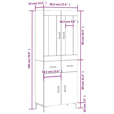 vidaXL Highboard Hochglanz-Weiß 69,5x34x180 cm Holzwerkstoff