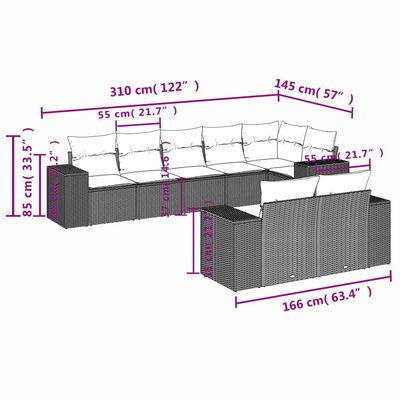 vidaXL 8-tlg. Garten-Sofagarnitur mit Kissen Hellgrau Poly Rattan