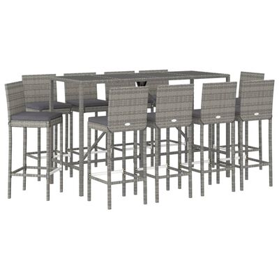 vidaXL 11-tlg. Gartenbar-Set mit Kissen Grau Poly Rattan