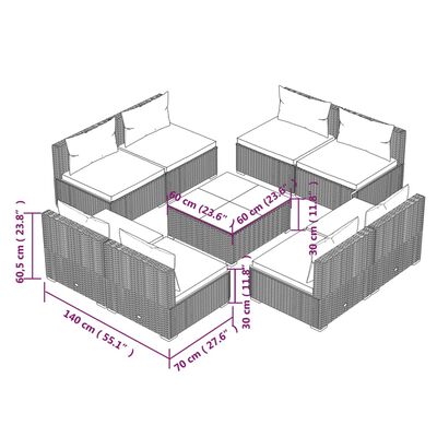 vidaXL 9-tlg. Garten-Lounge-Set mit Kissen Poly Rattan Grau