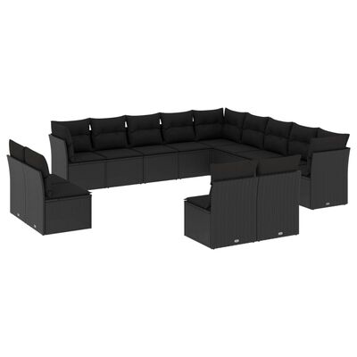 vidaXL 13-tlg. Garten-Sofagarnitur mit Kissen Schwarz Poly Rattan