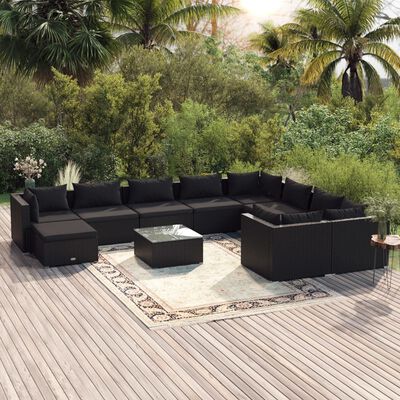 vidaXL 11-tlg. Garten-Lounge-Set mit Kissen Poly Rattan Schwarz