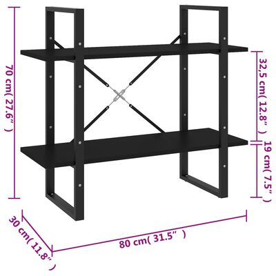 vidaXL Bücherregal 2 Fächer Schwarz 80x30x70 cm Holzwerkstoff