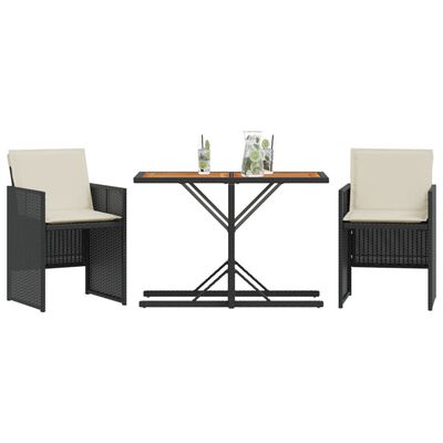 vidaXL 3-tlg. Bistro-Set mit Kissen Schwarz Poly Rattan