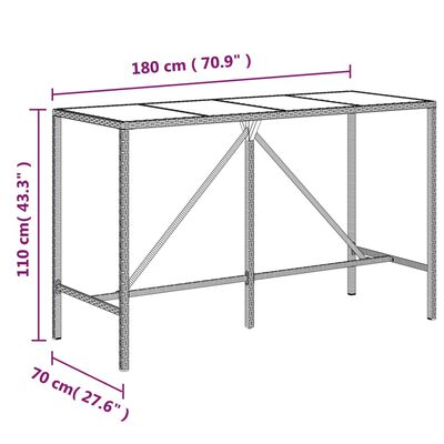 vidaXL Bartisch mit Glasplatte Braun 180x70x110 cm Poly Rattan