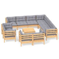 vidaXL 12-tlg. Garten-Lounge-Set mit Grauen Kissen Massivholz Kiefer