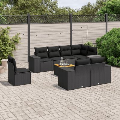 vidaXL 9-tlg. Garten-Sofagarnitur mit Kissen Schwarz Poly Rattan