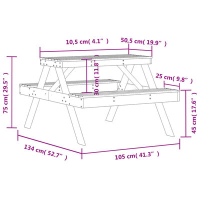 vidaXL Picknicktisch 105x134x75 cm Massivholz Douglasie