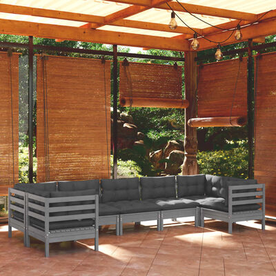 vidaXL 7-tlg. Garten-Lounge-Set mit Kissen Grau Kiefernholz