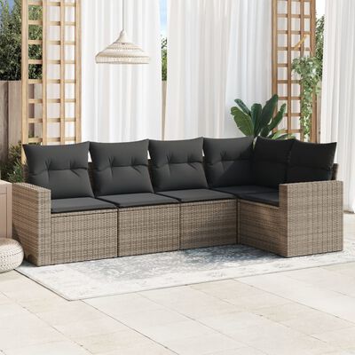 vidaXL 5-tlg. Garten-Sofagarnitur mit Kissen Grau Poly Rattan