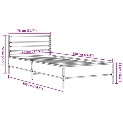 vidaXL Bettgestell Braun Eichen-Optik 75x190 cm Holzwerkstoff Metall