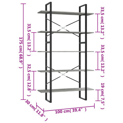 vidaXL Bücherregal 5 Fächer Betongrau 100x30x175 cm Holzwerkstoff