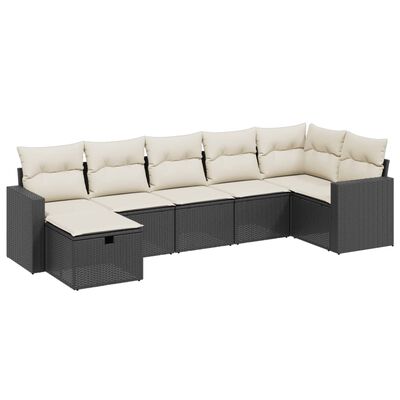 vidaXL 7-tlg. Garten-Sofagarnitur mit Kissen Schwarz Poly Rattan