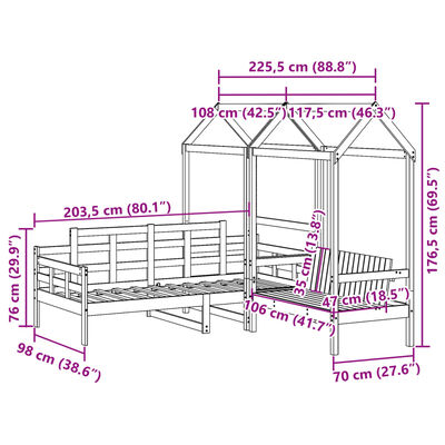 vidaXL Tagesbett und Bank mit Dach 90x200 cm Kiefernholz