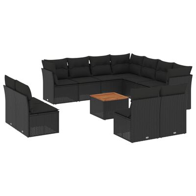 vidaXL 12-tlg. Garten-Sofagarnitur mit Kissen Schwarz Poly Rattan