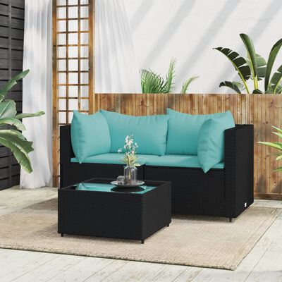 vidaXL 3-tlg. Garten-Lounge-Set mit Kissen Schwarz Poly Rattan