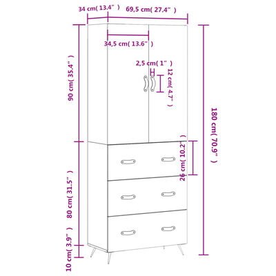 vidaXL Highboard Hochglanz-Weiß 69,5x34x180 cm Holzwerkstoff