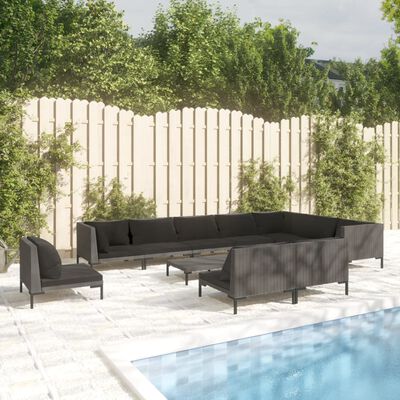 vidaXL 11-tlg. Garten-Lounge-Set mit Kissen Poly Rattan Dunkelgrau