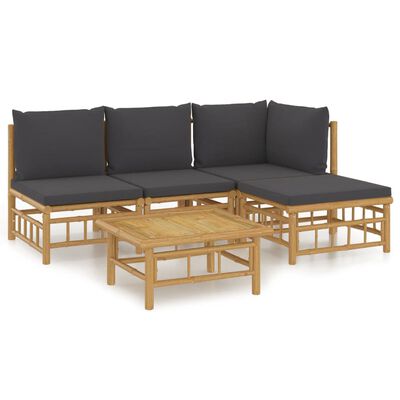 vidaXL 5-tlg. Garten-Lounge-Set mit Dunkelgrauen Kissen Bambus