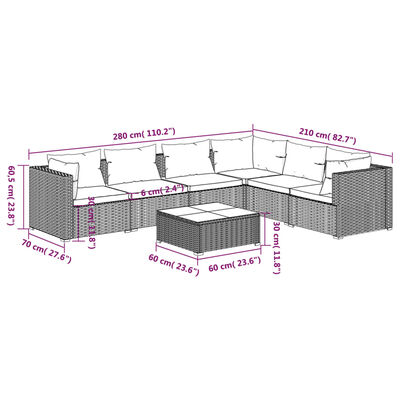 vidaXL 7-tlg. Garten-Lounge-Set mit Kissen Poly Rattan Grau