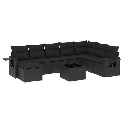 vidaXL 9-tlg. Garten-Sofagarnitur mit Kissen Schwarz Poly Rattan