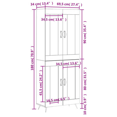 vidaXL Highboard Schwarz 69,5x34x180 cm Holzwerkstoff