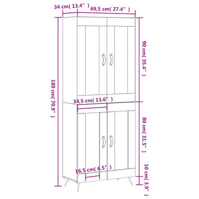 vidaXL Highboard Betongrau 69,5x34x180 cm Holzwerkstoff