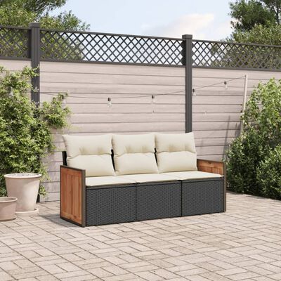 vidaXL 3-tlg. Garten-Sofagarnitur mit Kissen Schwarz Poly Rattan