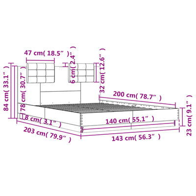 vidaXL Bettgestell mit Kopfteil und LED-Leuchten Braun Eiche 140x200cm