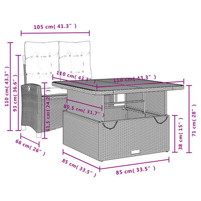 vidaXL 2-tlg. Garten-Essgruppe mit Kissen Schwarz Poly Rattan