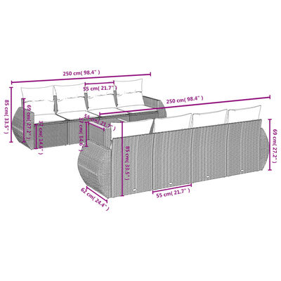 vidaXL 9-tlg. Garten-Sofagarnitur mit Kissen Grau Poly Rattan