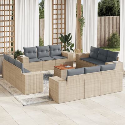 vidaXL 13-tlg. Garten-Sofagarnitur mit Kissen Beige Poly Rattan