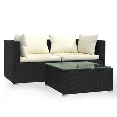 vidaXL 3-tlg. Garten-Lounge-Set mit Auflagen Schwarz Poly Rattan