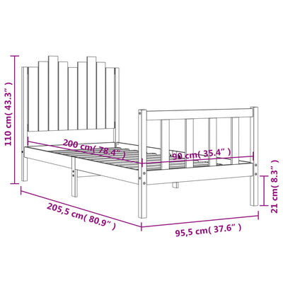 vidaXL Massivholzbett mit Kopfteil Schwarz 90x200 cm