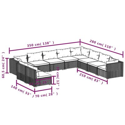 vidaXL 10-tlg. Garten-Lounge-Set mit Kissen Schwarz Poly Rattan