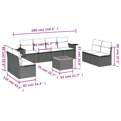 vidaXL 9-tlg. Garten-Sofagarnitur mit Kissen Grau Poly Rattan