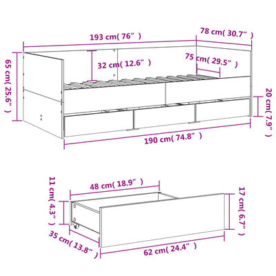 vidaXL Tagesbett mit Schubladen ohne Matratze Schwarz 75x190 cm