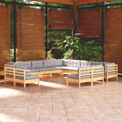 vidaXL 13-tlg. Garten-Lounge-Set mit Grauen Kissen Massivholz Kiefer