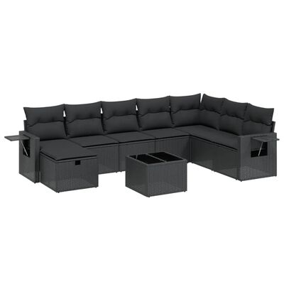 vidaXL 9-tlg. Garten-Sofagarnitur mit Kissen Schwarz Poly Rattan