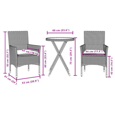 vidaXL 3-tlg. Bistro-Set mit Kissen Beige Poly Rattan und Glas