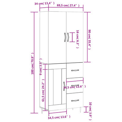 vidaXL Highboard Weiß 69,5x34x180 cm Holzwerkstoff