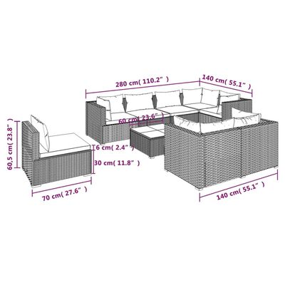 vidaXL 9-tlg. Garten-Lounge-Set mit Kissen Poly Rattan Braun