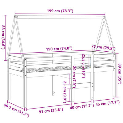 vidaXL Hochbett mit Dach 75x190 cm Massivholz Kiefer