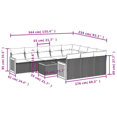 vidaXL 11-tlg. Garten-Sofagarnitur mit Kissen Schwarz Poly Rattan