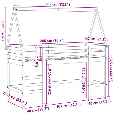 vidaXL Hochbett mit Leiter und Dach 80x200 cm Massivholz Kiefer