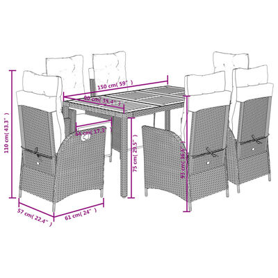 vidaXL 7-tlg. Garten-Essgruppe mit Kissen Grau Poly Rattan