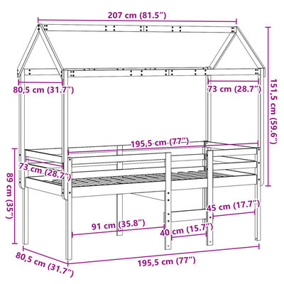 vidaXL Hochbett mit Dach 75x190 cm Massivholz Kiefer