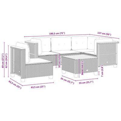 vidaXL 6-tlg. Garten-Sofagarnitur mit Kissen Grau Poly Rattan